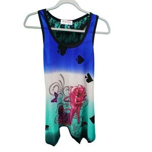 Gabriel Ye Tank Top XL/XXL‎ Blue Teal Ombre Lace Back Y2K Graphic Rhinestone